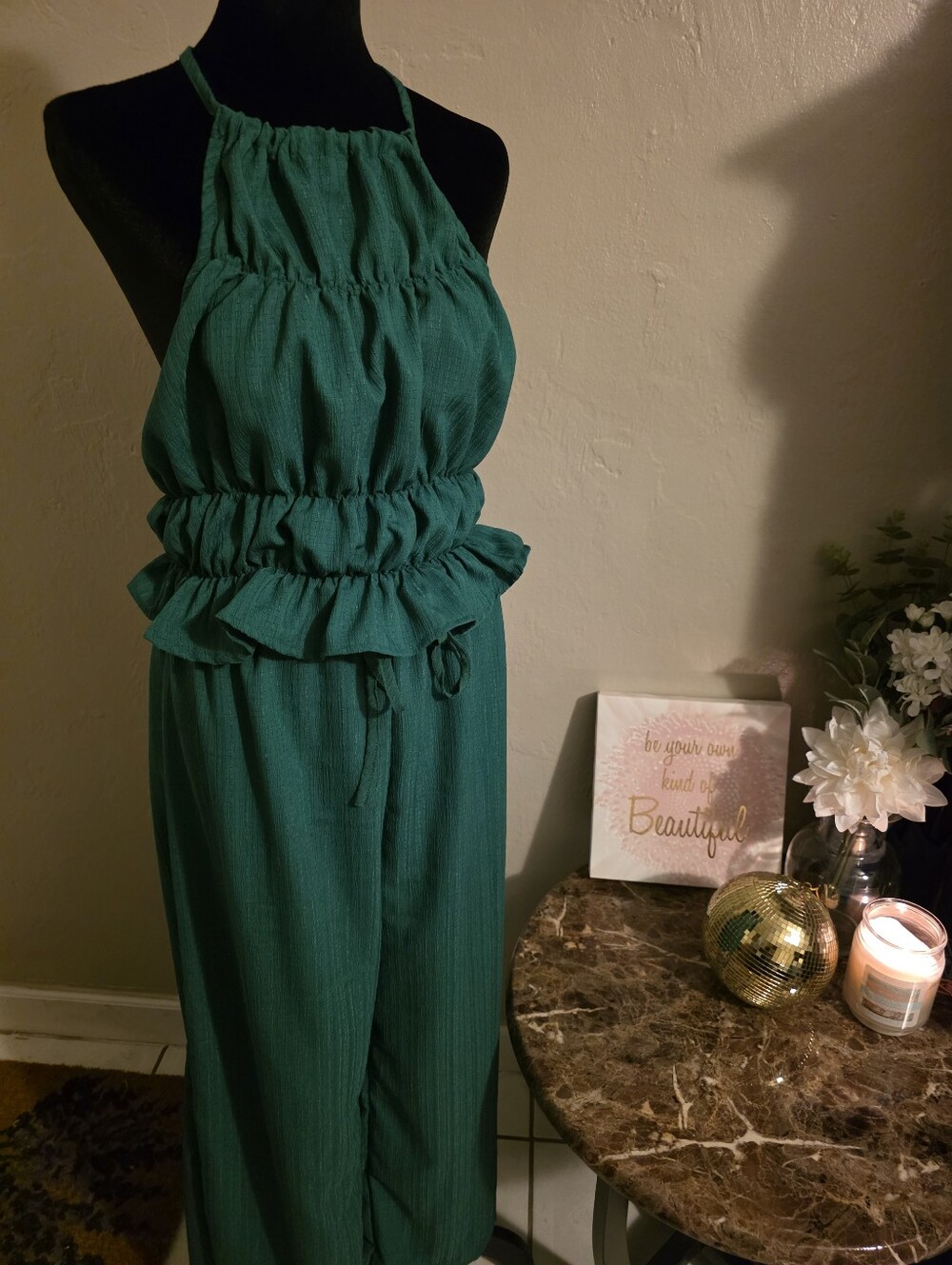 Green Halter Ruffle Top Pant Set